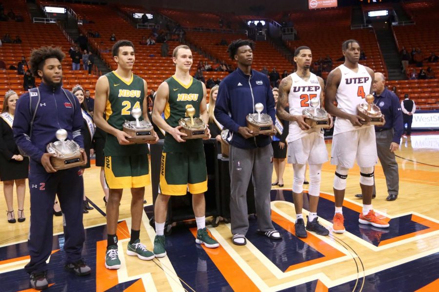 RJ Cole of Howard University, Charles Williams and Paul Miller of North Dakota State, Devontae Cacok of UNC-Wilmington and UTEPS' Keith Frazier, Tirs Smith accept their trophies. 