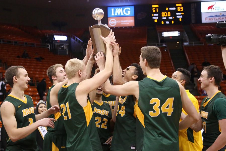 North Dakota State celebrate as they win the WestStar Bank Sun Bowl Invitational, 63-51. 