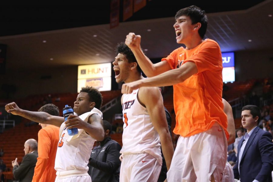 The UTEP bench celebrates as UTEP makes the Western Bank Don Haskins Invitational. 