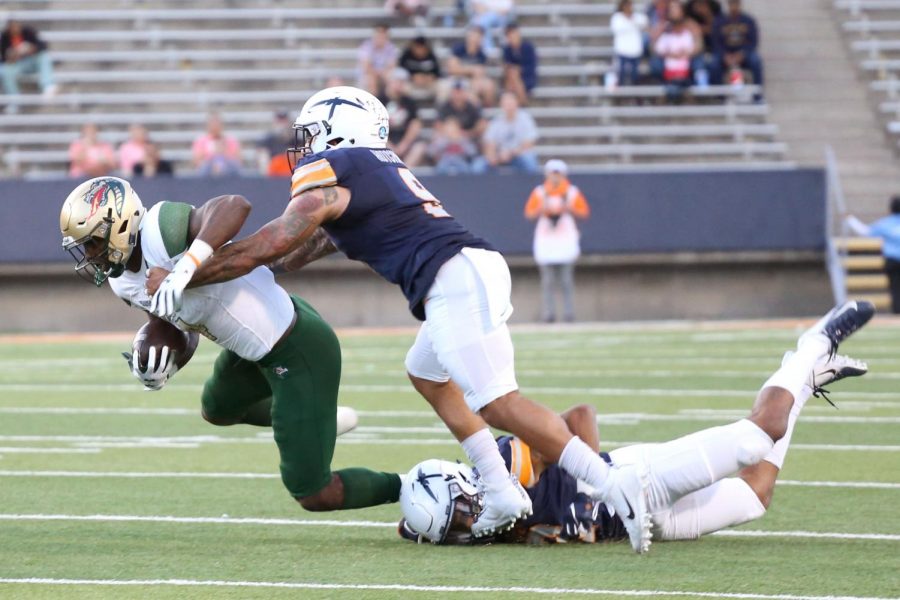 Graduate student linebacker A.J. Hotchkins as he led all Miners with 15 tackles. 