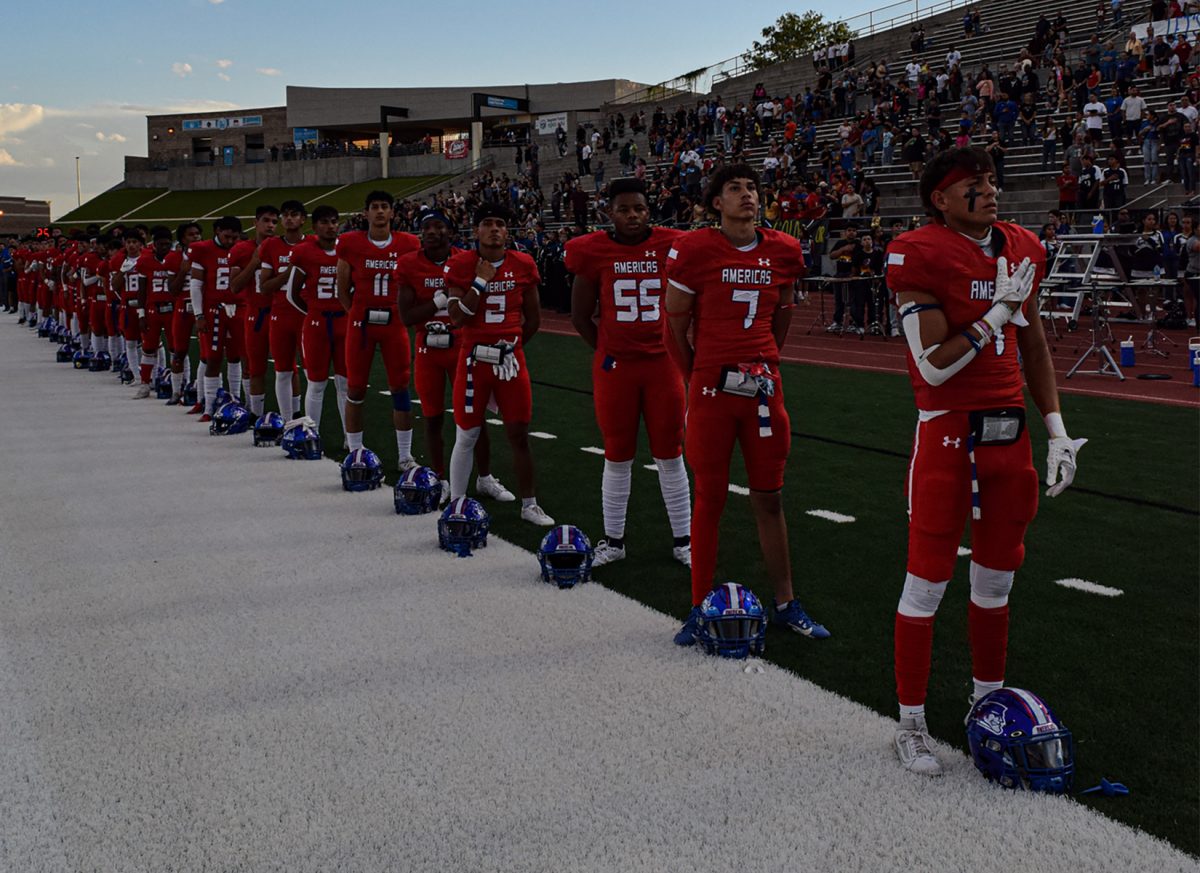 The Americas Trailblazers lined up for the national anthem moments before facing off against the Montwood Rams in the 2023 high school football season.