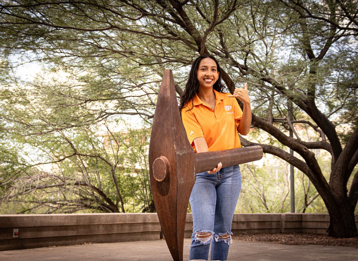 Karen Carrillo is a drum major for the UTEP Marching Miners and part of the UTEP flute choir, wind symphony, and symphony orchestra.