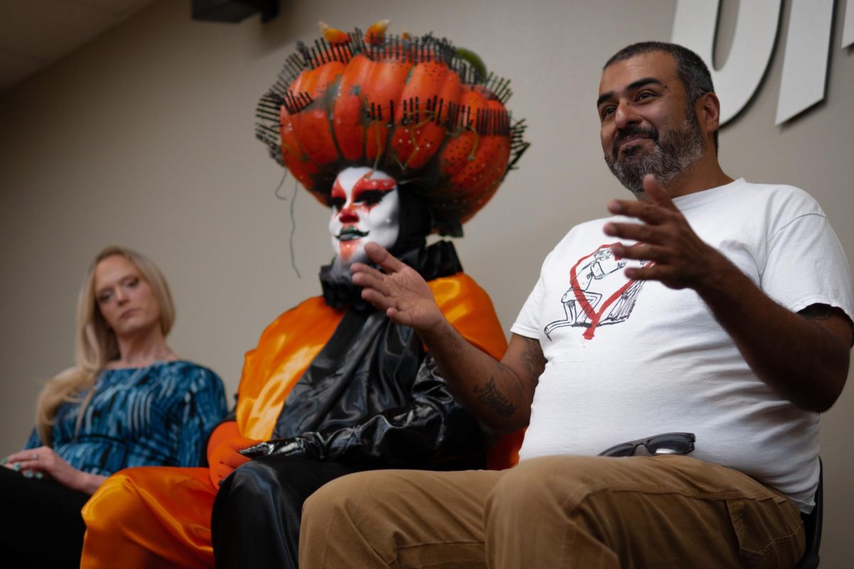 Artist Jose Montoya talks about how living authentically plays into his art, during a panel discussion at UTEP in El Paso, Texas, on Oct. 8, 2024.