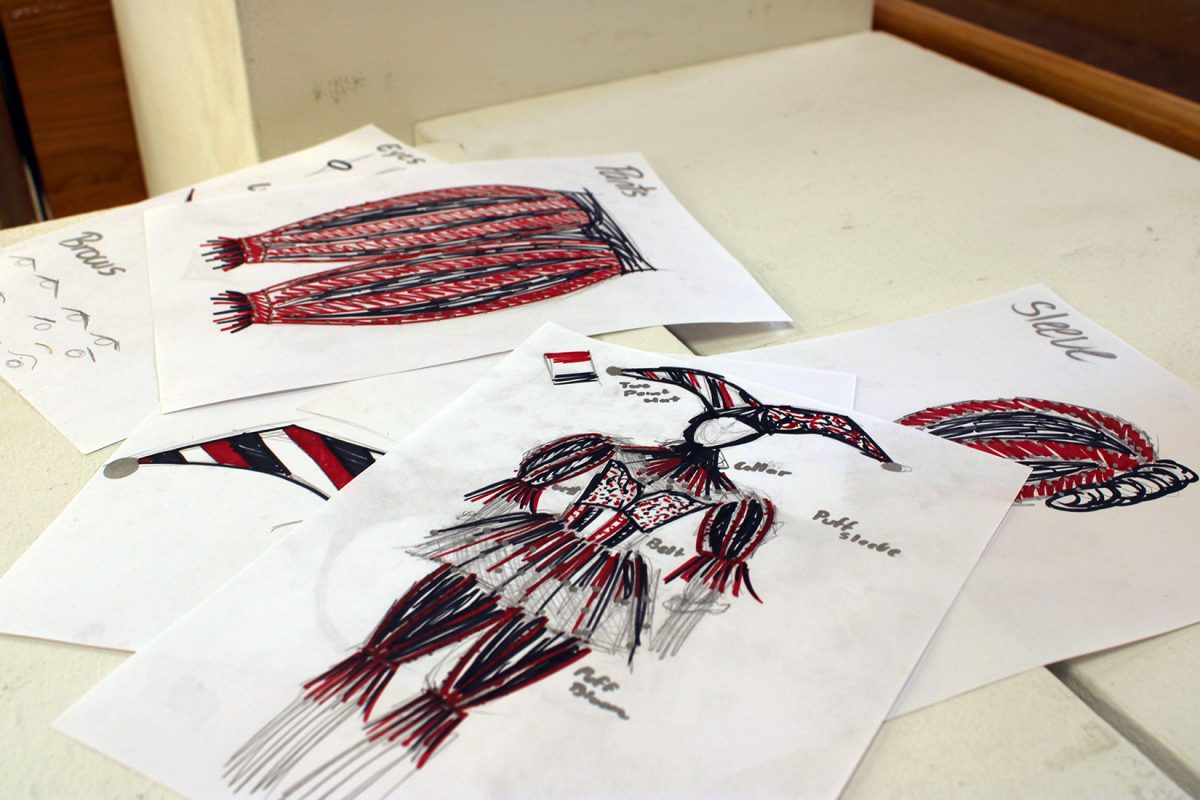 The sketches of a clown costume that Ricardo Marquez created from scratch last year. 