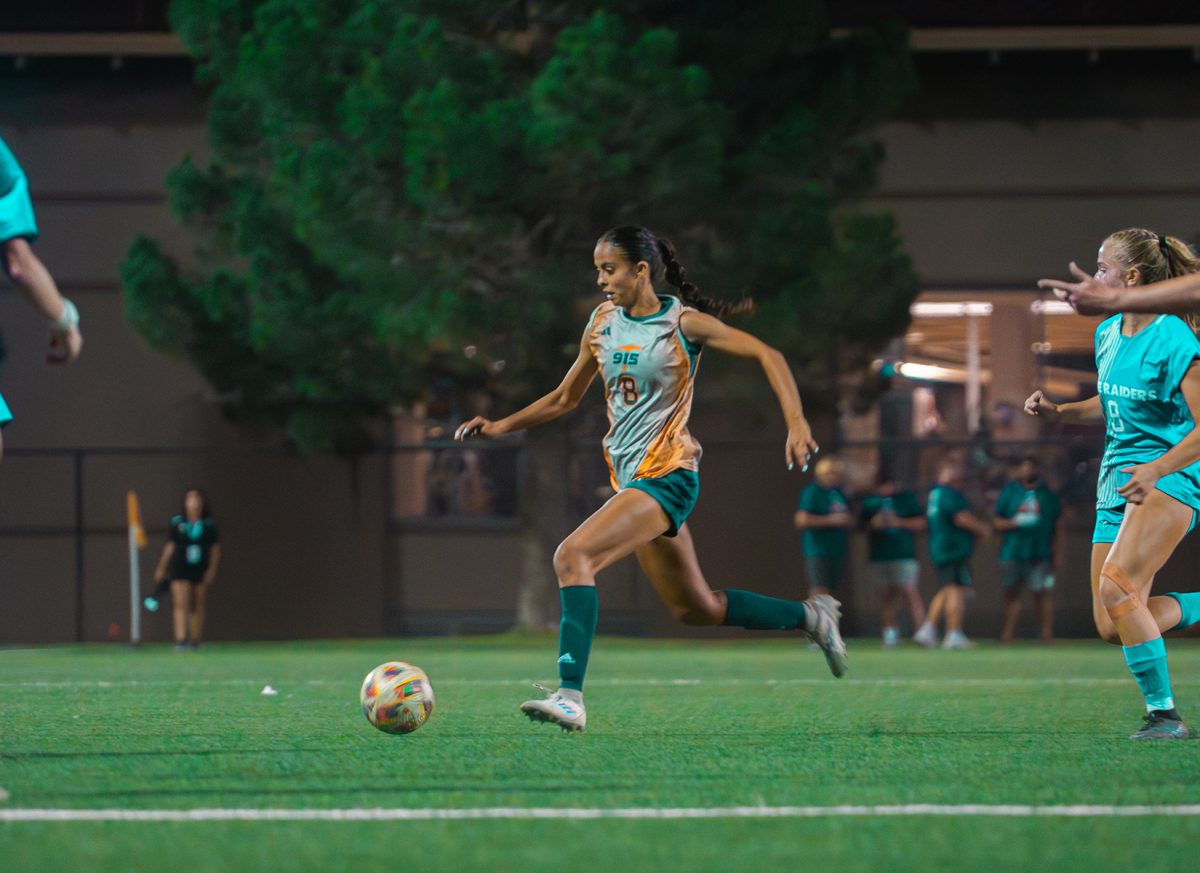 Defender Ashlee Mora in possession of the ball against Middle Tennessee State University. 