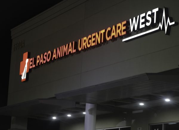 El Paso Animal Urgent Care West stands out against the night, highlighting the clinic's focus on urgent pet care. Bonds passed in the local 2024 election will allow the county's first animal shelter to be built.